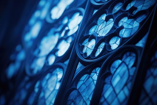 Intricate blue stained glass window, showcasing Gothic architecture's detailed craftsmanship. - Powered by Adobe