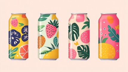 Fototapeta premium Summer soda can artwork with vibrant fruity patterns. AI generated image