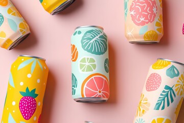 Obraz premium Summer soda can artwork with vibrant fruity patterns. AI generated image