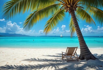 Relaxing by the turquoise ocean with a view of distant sailboats and palm trees