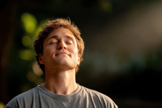 A serene man enjoying the sunlight with eyes closed, in a peaceful and natural setting, finding tranquility and relaxation in the beauty of nature and its warm light.
