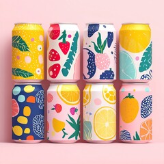 Obraz premium Summer-inspired fizzy drink cans with bold fruit graphics. AI generated image