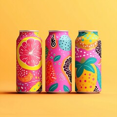 Summer-inspired fizzy drink cans with bold fruit graphics. AI generated image