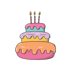 Birthday cake isolated clipart, cartoon element, doodle for stickers, prints, banners, cards, signs, posters, invitations, social media decor. EPS 10