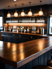 Dark wooden bar counter top, blurred background