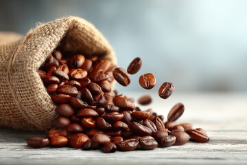 Aromatic coffee beans cascading from a rustic burlap sack, creating a visually appealing and inviting composition, highlighting the rich textures and warm tones.