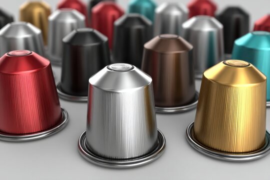 Close-up studio shot of a colorful variety of aluminum coffee capsules, showcasing gold, silver, red, black, brown, and blue pods on a clean white background.
