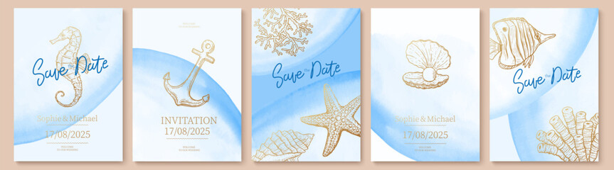 Set of wedding cards, invitation. Save the date sea style design. Blue watercolor wash.  Summer background. Hand drawn seashells, fish, seahorse with golden texture.
