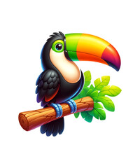 A colorful cartoon toucan bird with a large yellow and black beak holds a blank sign while perched on a branch in the tropical rainforest