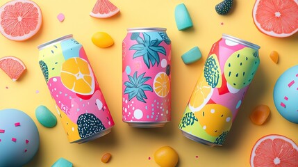 Obraz premium Playful fruit soda cans for a refreshing summer vibe. AI generated image
