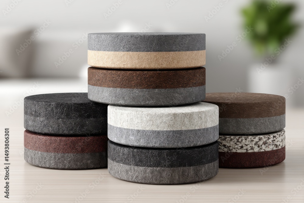 Poster a stack of modern round pedestals with textured surfaces create a stylish and elegant display for pr