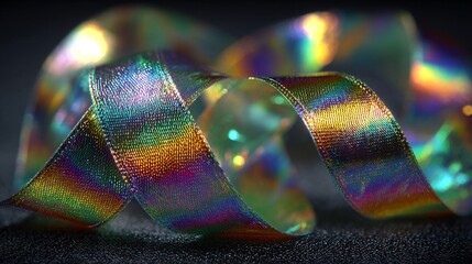 Iridescent holographic ribbon with shimmering rainbow colors on a dark background, perfect for festive design, packaging, crafts, or digital decoration.