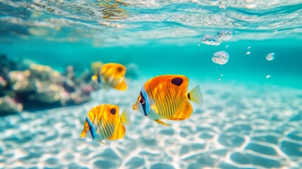 Fototapeta premium Group of fish swimming together in shallow ocean water near sandy seafloor