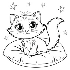Adorable cartoon kitten sitting comfortably on a pillow with stars for coloring and fun