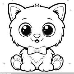 Adorable cartoon kitten with big eyes wearing a bow tie in black and white