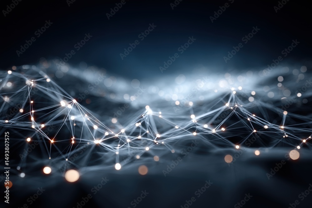 Poster abstract network connection structure, dark blue background with glowing nodes, representing complex