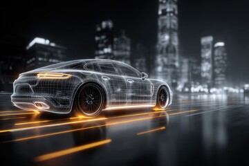 A futuristic wireframe rendering of a modern sports car speeding through a city at night, with glowing lights creating a dynamic scene and modern city background.