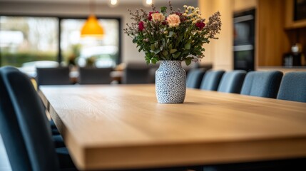 Elegant dining room showcases a spacious light oak table surrounded by colorful chairs, highlighted by a ceramic vase of wildflowers as a focal point