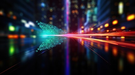 Neon Dynamic Light Trails with Geometric Shapes in Futuristic Abstract Space – Digital Motion Background. Abstract Speed Motion Blur with Colorful Lines and Energy Waves