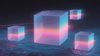 Futuristic transparent cubes with neural network and glowing lines over water, vaporwave blue, pink, and purple tones. Ideal for technology, blockchain, or digital art projects.