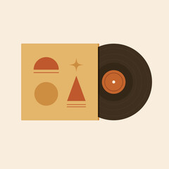 vinyl record retro art red label with album cover. minimalist vector illustration, flat design, beige background