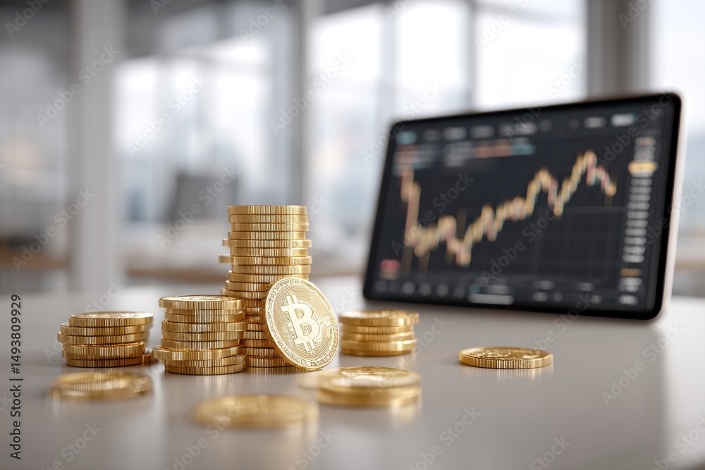 Aufkleber a close-up of bitcoin coins with a stock chart displayed on a screen, representing the dynamic and v