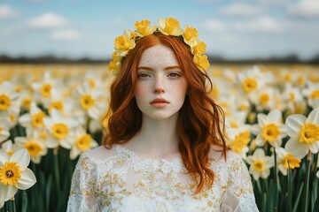 Redhead in Daffodil Field.
