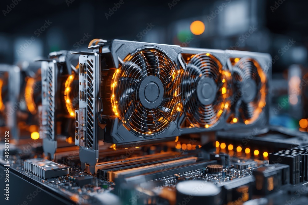 Fototapete close-up of a high-performance computer system with multiple graphics cards, showcasing advanced coo