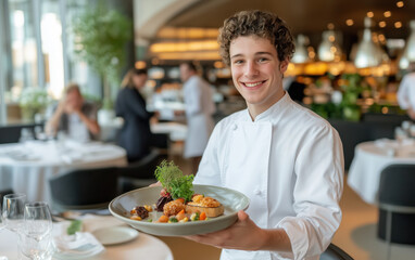 Smiling Chef Serving Exquisite Dishes in a Luxurious Restaurant