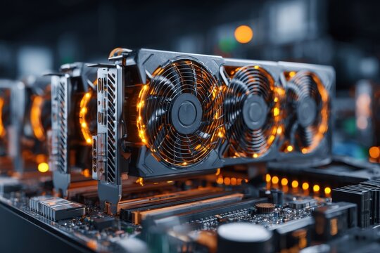 Close-up of a high-performance computer system with multiple graphics cards, showcasing advanced cooling and processing power, designed for demanding applications.
