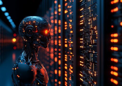 Futuristic robot in server room