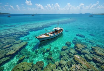 Beautiful boat anchored in crystal clear waters near vibrant coral reef at midday