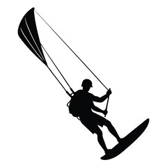 Silhouette of a kitesurfer gliding on water with a kite under a white background