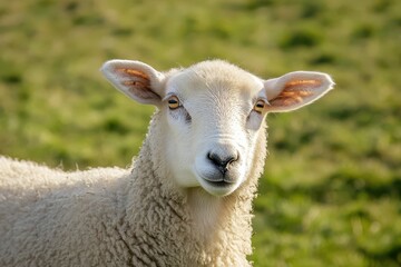 Obraz premium Close up of a sheep grazing in a green field