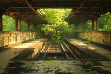 A tree grows through the ruins of an abandoned train station platform, bathed in sunlight.