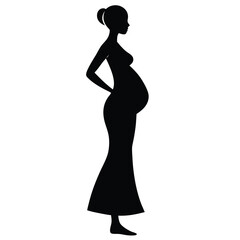 Silhouette of pregnant woman standing with hands on back in elegant maternity dress