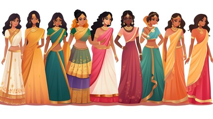 Illustration of Indian Women in Traditional Attire in a Cartoon Vector Style