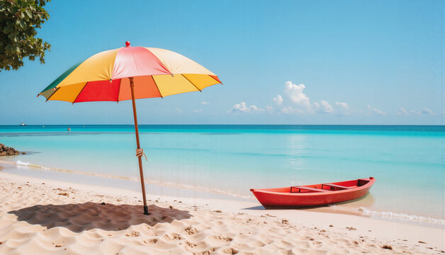 Colorful beach umbrella shading a red kayak on sandy shore with clear turquoise water in the background, summer holiday at grandmas concept of beach resort or travel agency