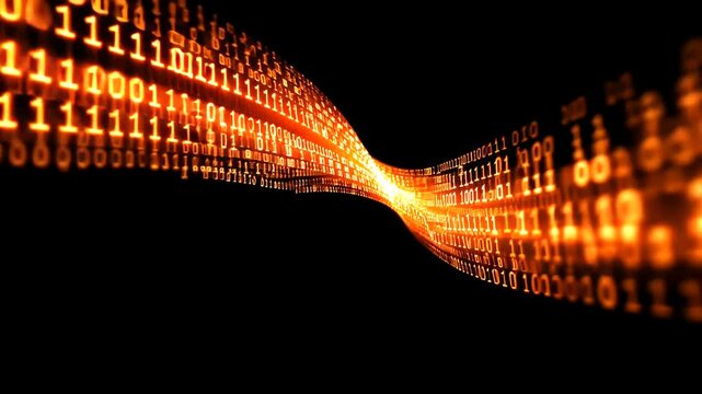 Data stream of binary code glows in a wavy, dynamic pattern against a stark black background
