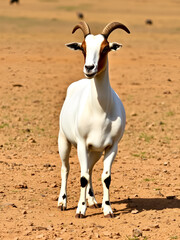 Fototapeta premium Boer goat Capra hircus standing in a dry open field its muscular build and distinctive white body with a reddish brown head highlighted against the dusty terrain