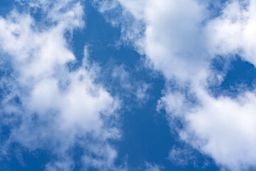 Bottom view of the blue summer sky with white clouds, copy space, abstract background