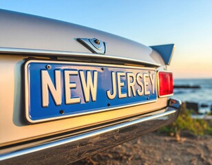 Vintage car with new jersey license plate at coastal sunset
