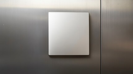 Blank white square sign on brushed steel wall.