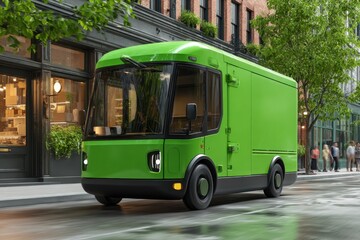 Fototapeta premium A lime-green delivery truck cruising down a city street, promoting eco-friendly transportation and urban logistics, emphasizing a sustainable and modern approach to delivery services.