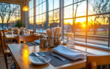 Restaurant Table Setting at Sunset - Warm Ambiance and Cozy Dining