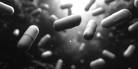 Floating pills in black and white