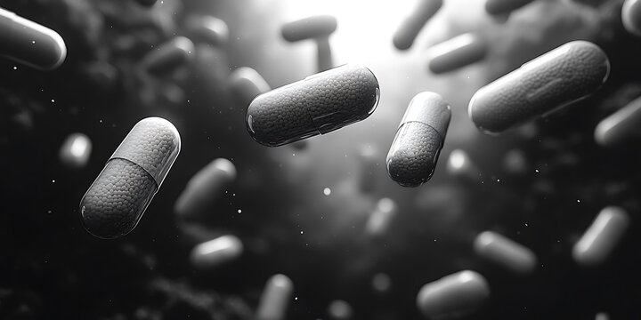 Floating pills in black and white