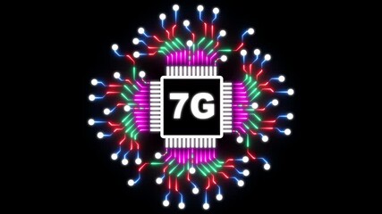7G networking chip icon futuristic neon circuit board animated flat style Processor chips background. Glowing neon line Computer processor 7G with microcircuits CPU icon Chip or cpu with circuit board - Powered by Adobe