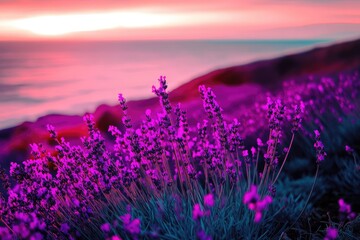 Obraz premium Vibrant purple lavender blossoms at sunset near the ocean, a breathtaking scene.