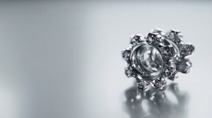 Elegant, modern jewelry ring with intricate design showcased on a reflective surface.